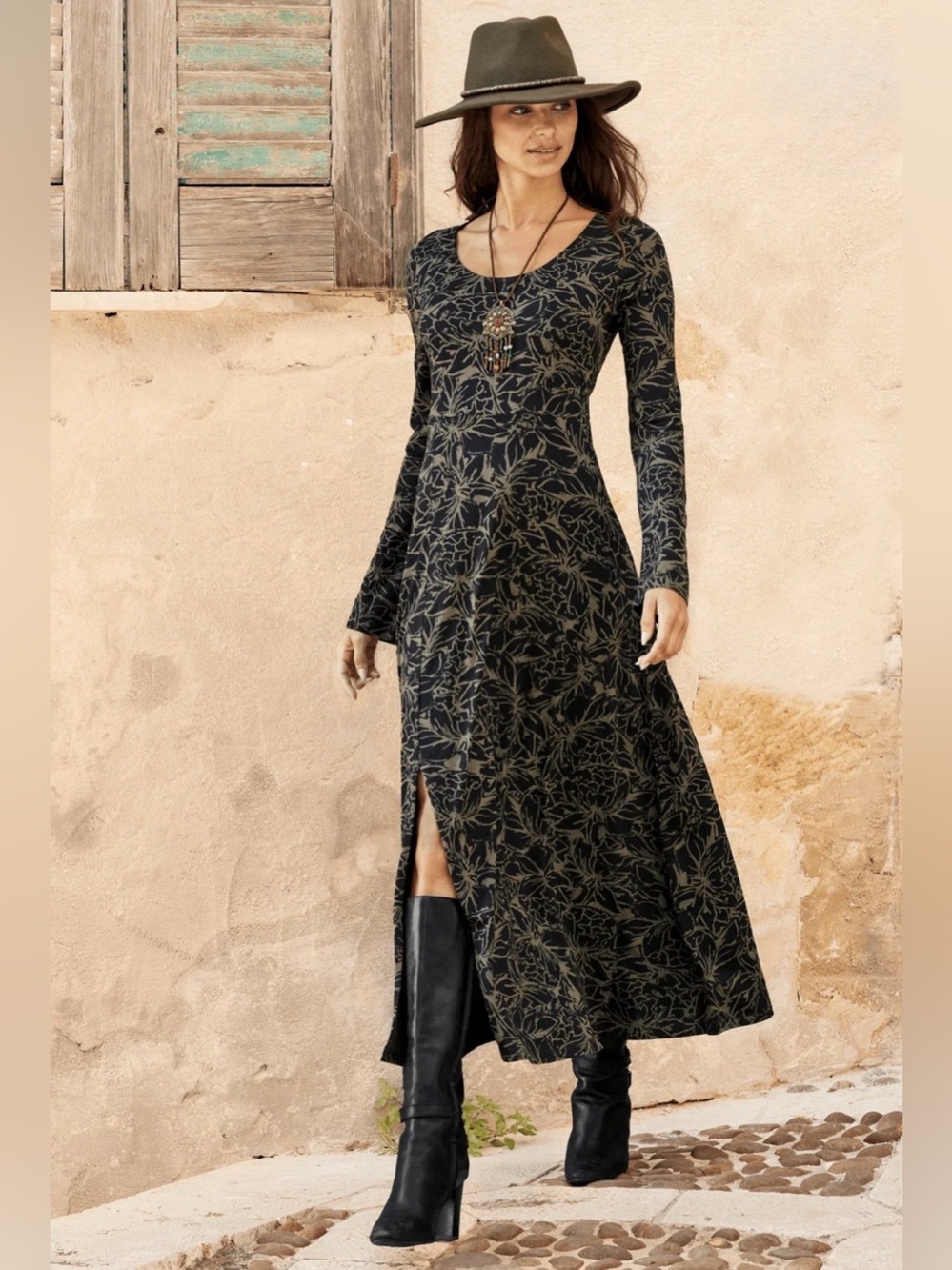 Peruvian Connection Trattoria Olive And Black Maxi Dress Size M Floral Boho